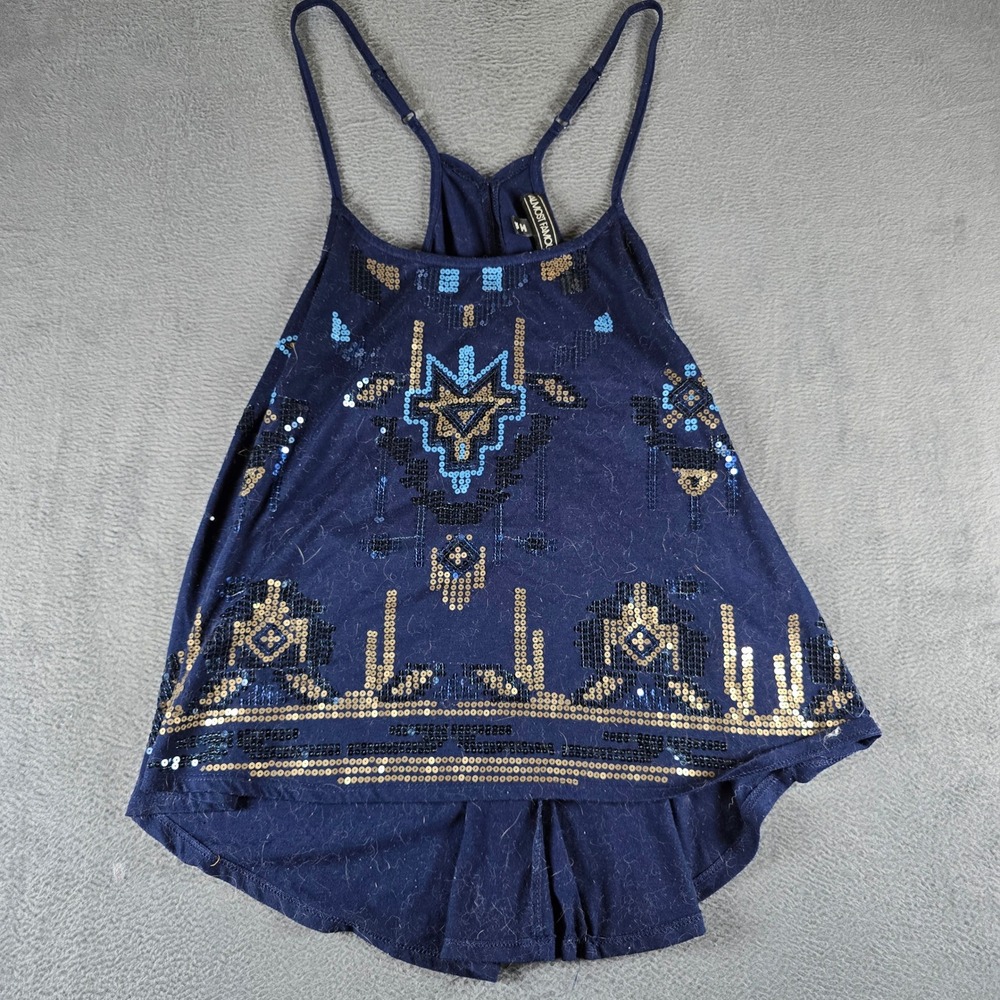 Almost Famous Navy Blue Sequin Aztec Tank Top Racerback High Low Hem XL